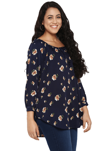 Floral Dark Navy Regular Fit Round Neck Three Quarter Cuff Sleeve Crepe Top