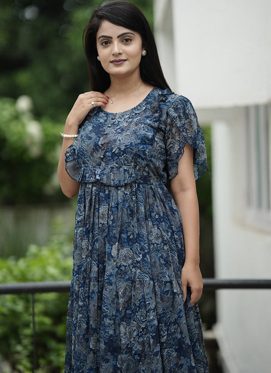 Blue Georgette Abstract Printed Festive Dress