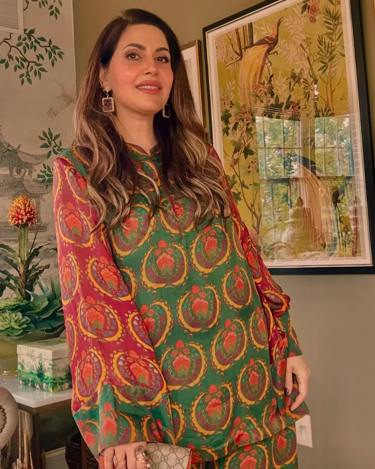 Luxury Ethnic Art Print Top With Flowy Pants
