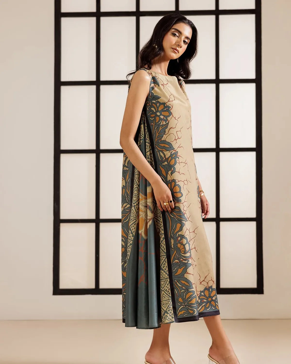 Beige & Teal Muslin Printed Boho Luxe Sleeveless Dress For Women