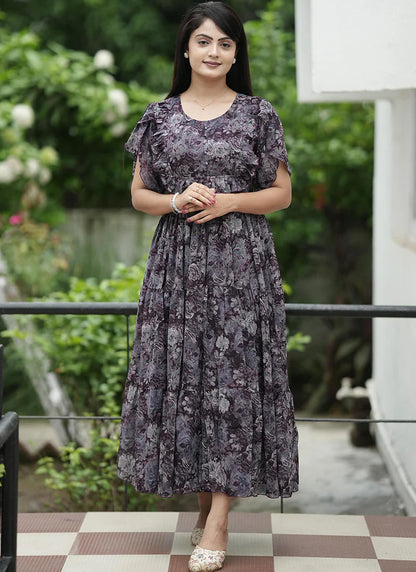 Blue Georgette Abstract Printed Festive Dress
