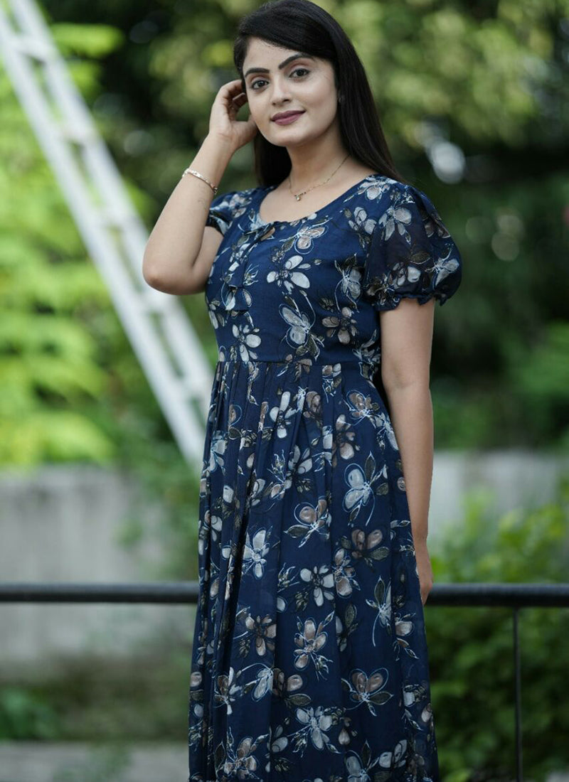 Amusing Royal Blue Floral Printed Georgette Maxi Dress