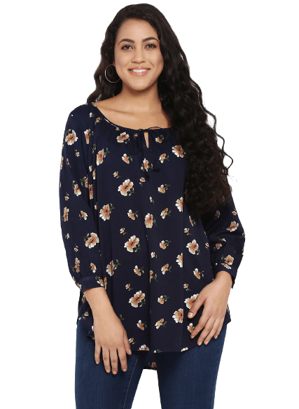 Floral Dark Navy Regular Fit Round Neck Three Quarter Cuff Sleeve Crepe Top