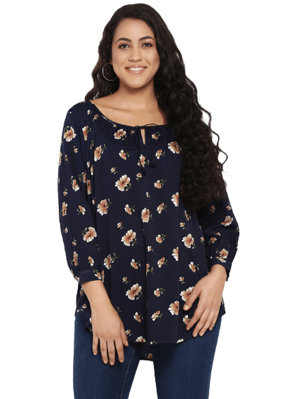 Floral Dark Navy Regular Fit Round Neck Three Quarter Cuff Sleeve Crepe Top