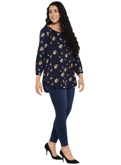 Floral Dark Navy Regular Fit Round Neck Three Quarter Cuff Sleeve Crepe Top