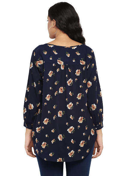 Floral Dark Navy Regular Fit Round Neck Three Quarter Cuff Sleeve Crepe Top