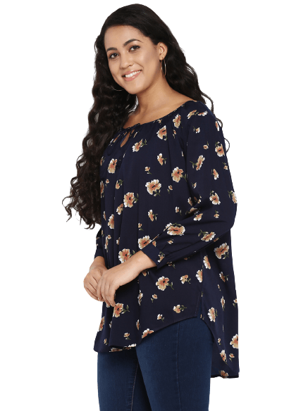 Floral Dark Navy Regular Fit Round Neck Three Quarter Cuff Sleeve Crepe Top
