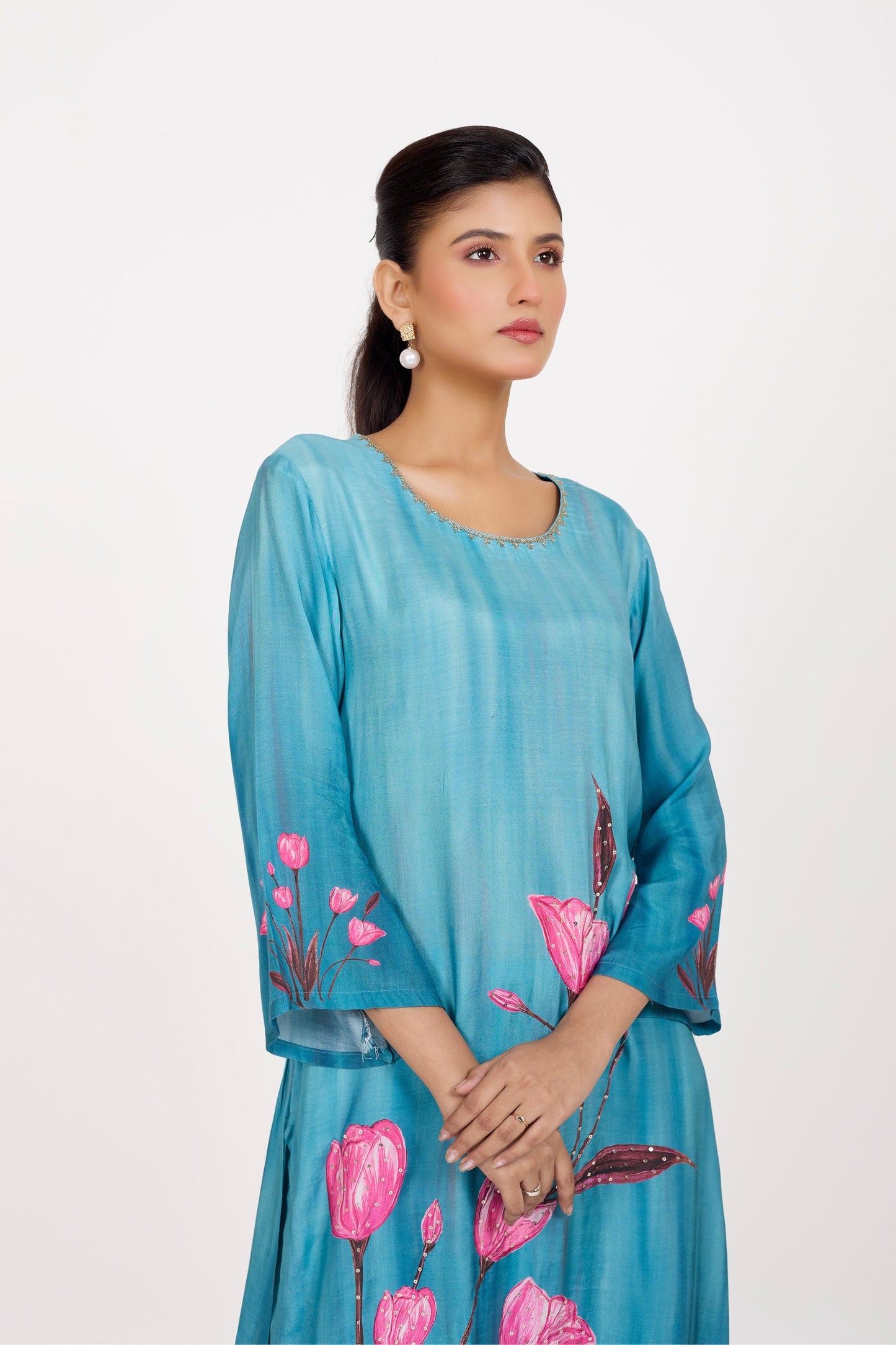 Printed Kurta & Pant - Hand Embroidered - Set of 2 - Blue - Muslin Silk