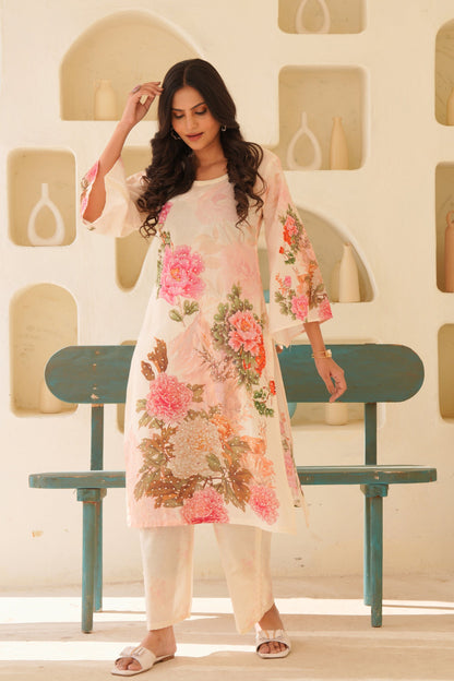 Printed Cotton Kurta & Pant - Hand Embroidered- Set of 2 - Off White