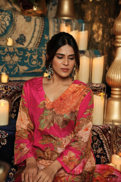 Floral Printed Kurta & Pant - Hand Embroidered - Set of 2 - Pink - Muslin Silk