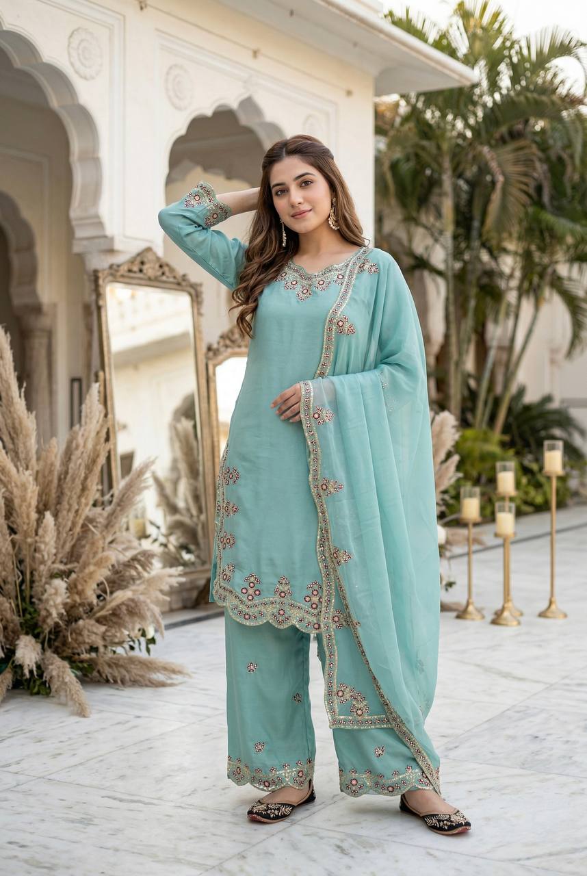 *NEW DESIGNER  HEAVY EMBROIDERY SEQUENCE WORK 3 PIS SUIT SET*