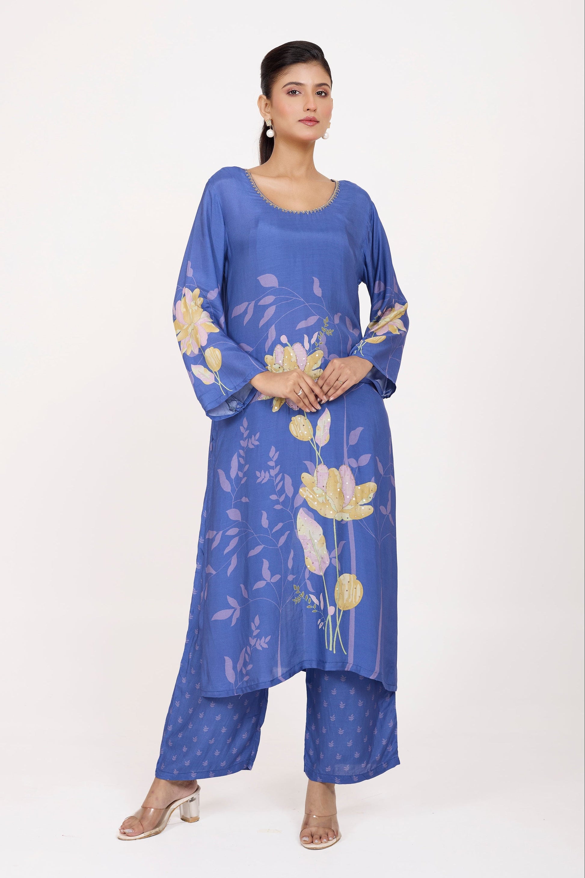 Printed Kurta & Pant - Hand Embroidered - Set of 2 - Blue - Muslin Silk