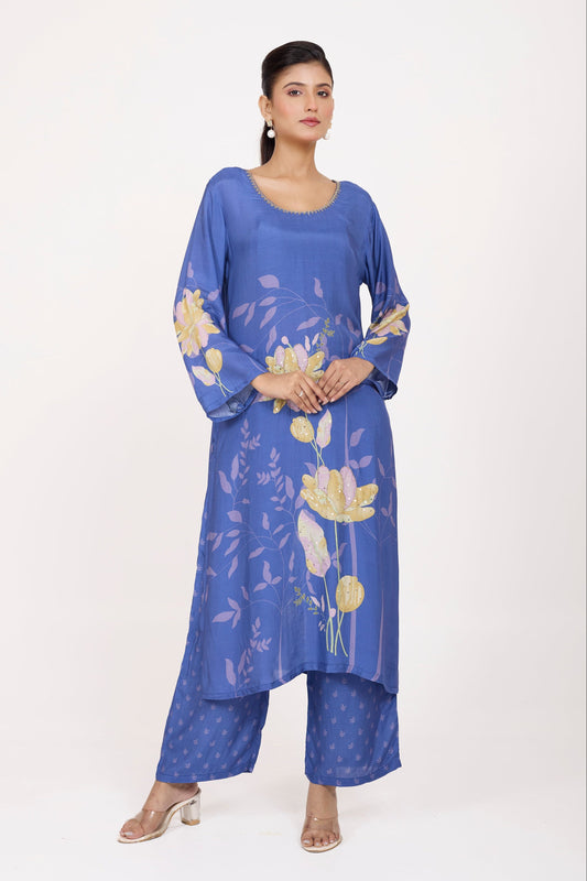 Printed Kurta & Pant - Hand Embroidered - Set of 2 - Blue - Muslin Silk