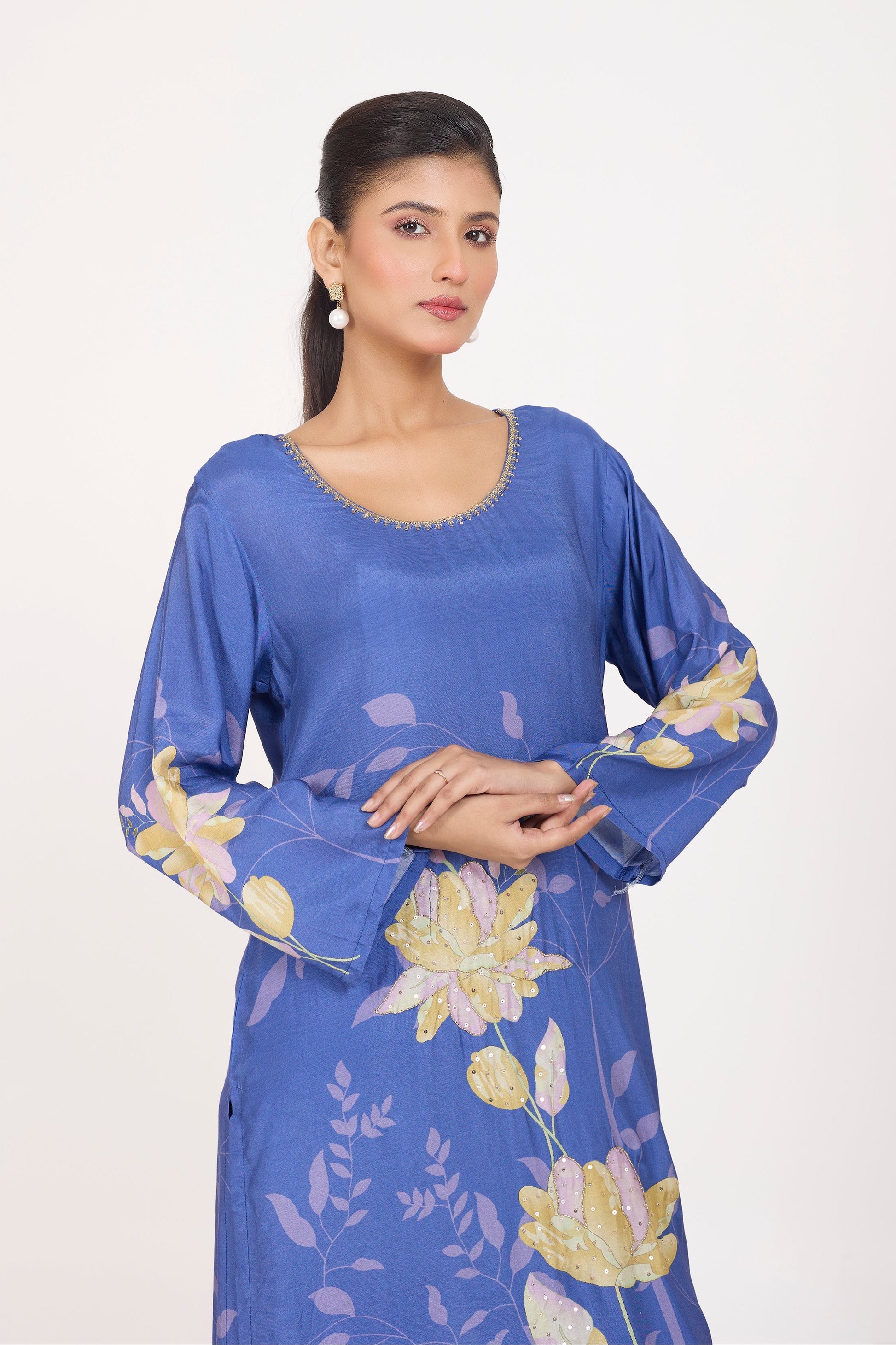 Printed Kurta & Pant - Hand Embroidered - Set of 2 - Blue - Muslin Silk