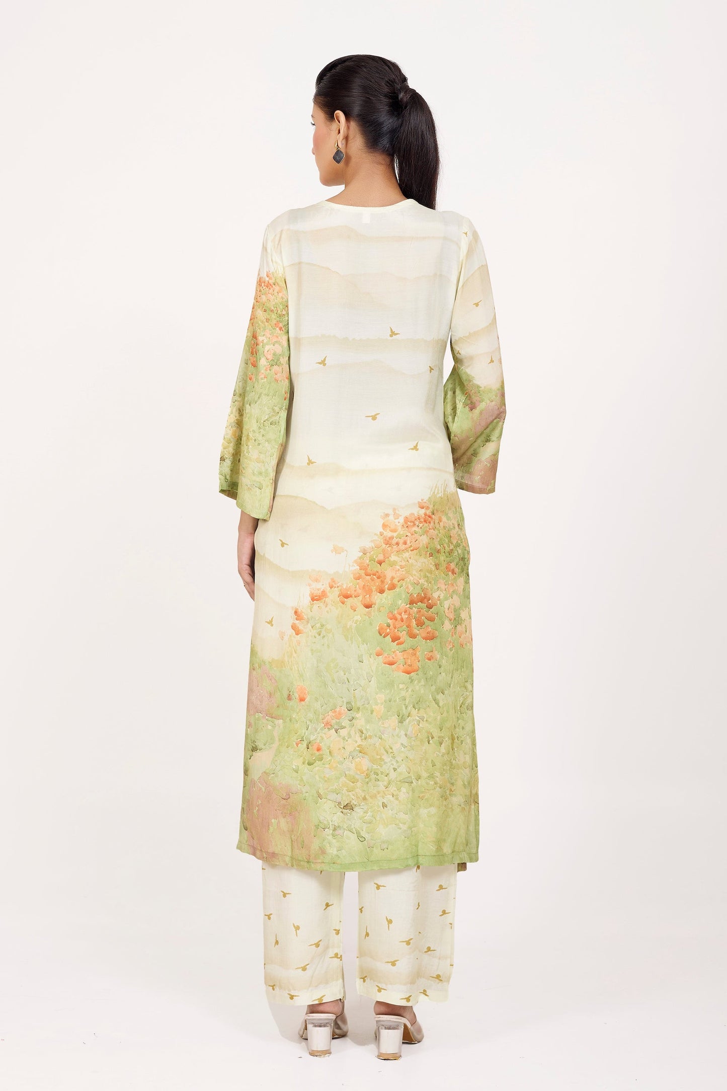 Printed Kurta & Pant - Hand Embroidered - Set of 2 - Off-White - Muslin Silk
