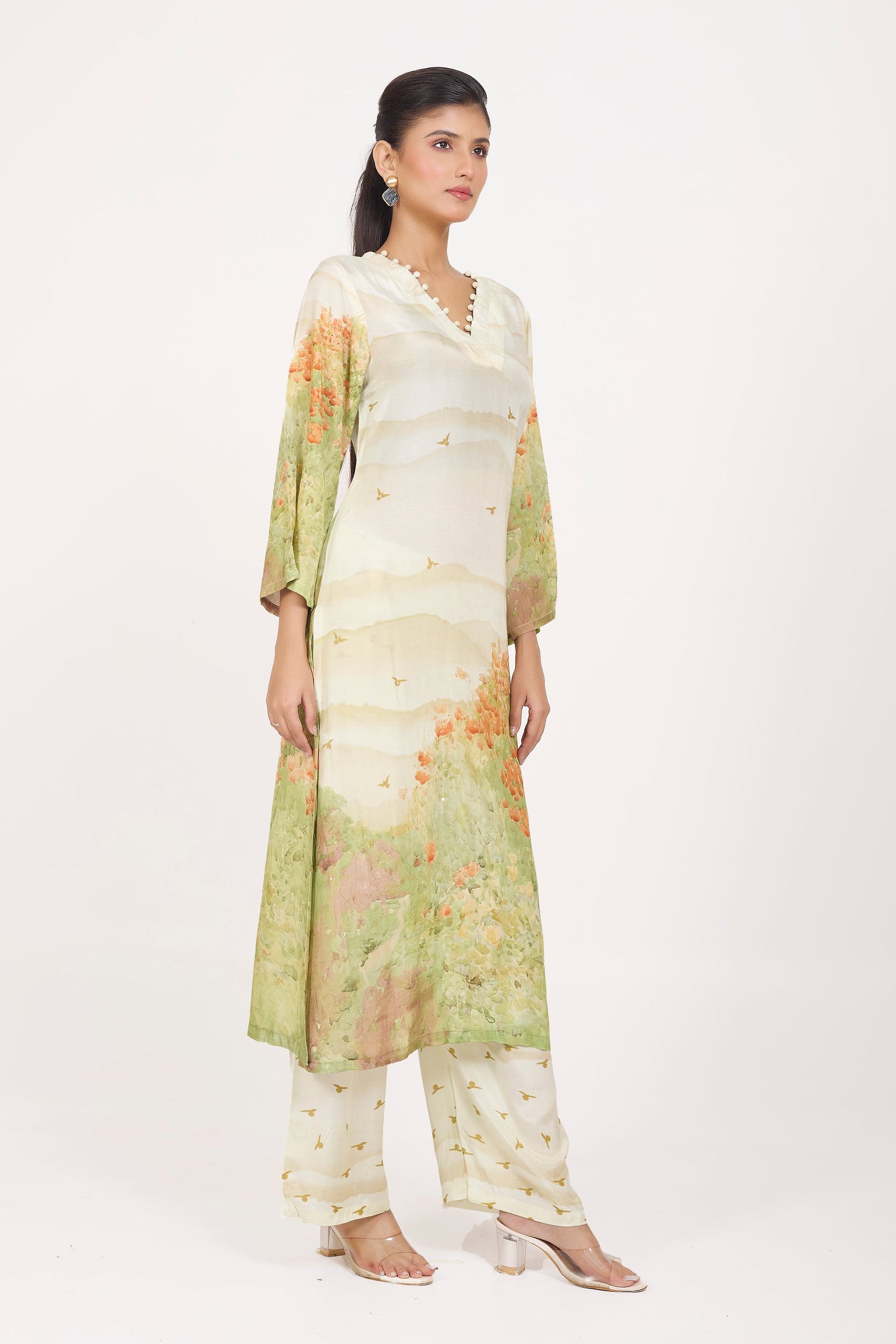Printed Kurta & Pant - Hand Embroidered - Set of 2 - Off-White - Muslin Silk