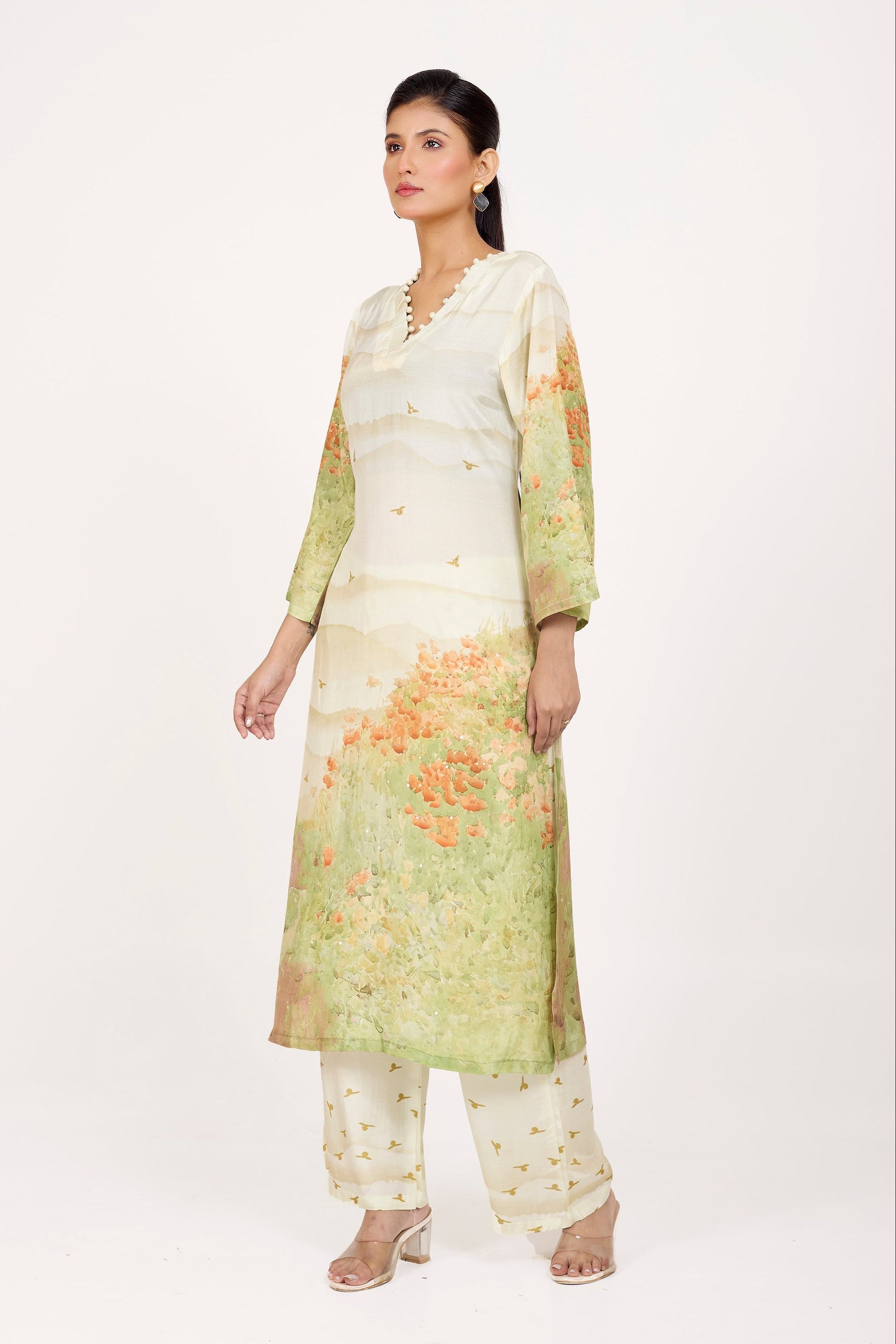 Printed Kurta & Pant - Hand Embroidered - Set of 2 - Off-White - Muslin Silk