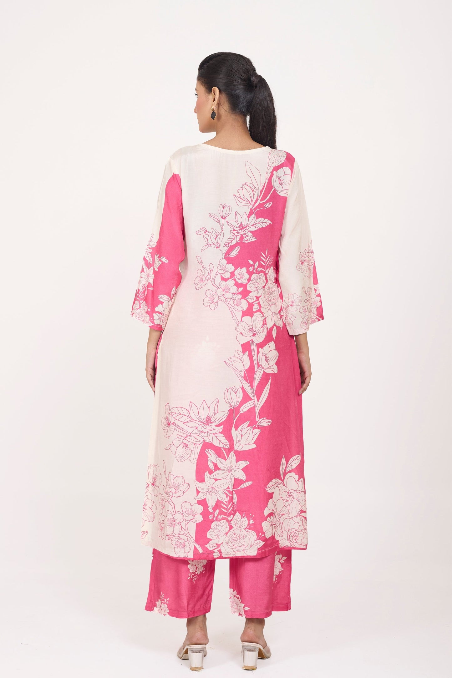 Printed Kurta & Pant - Hand Embroidered - Set of 2 - Ombre Pink - Muslin Silk