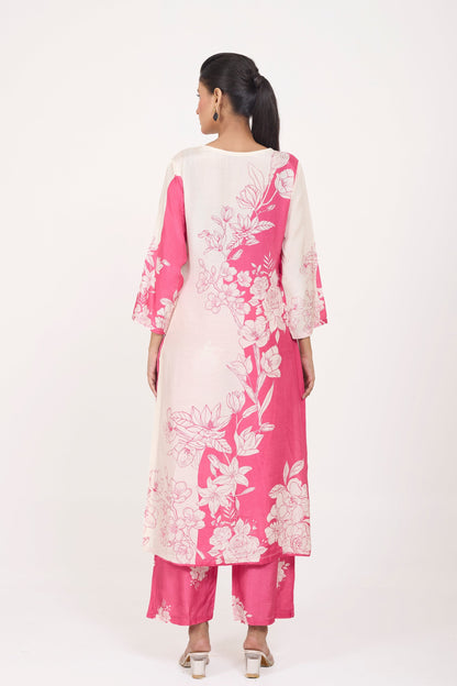 Printed Kurta & Pant - Hand Embroidered - Set of 2 - Ombre Pink - Muslin Silk