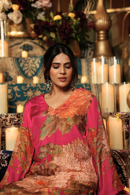 Floral Printed Kurta & Pant - Hand Embroidered - Set of 2 - Pink - Muslin Silk