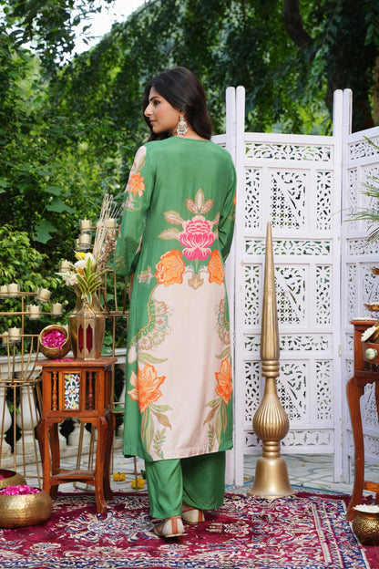Floral Printed Kurta & Pant - Hand Embroidered - Set of 2 - Green - Muslin Silk
