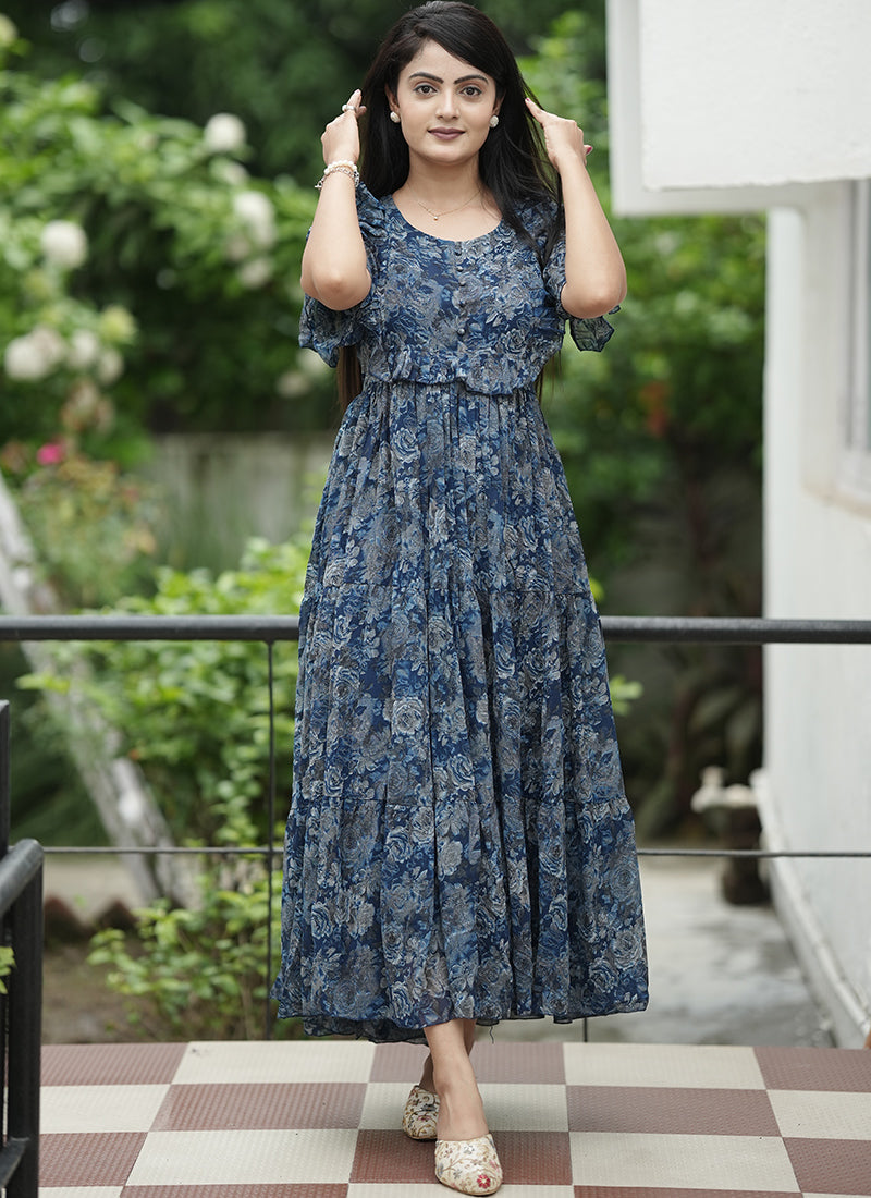 Blue Georgette Abstract Printed Festive Dress
