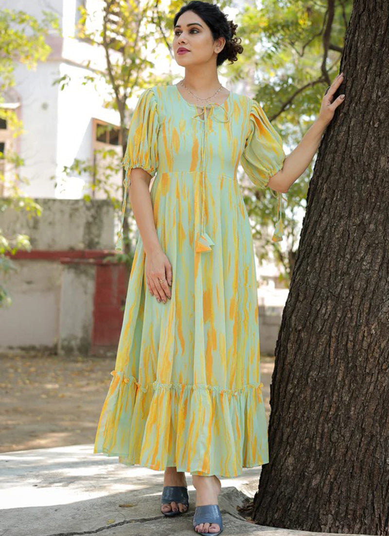 Lemon Yellow Georgette Floral Printed Party Wear Maxi Dress