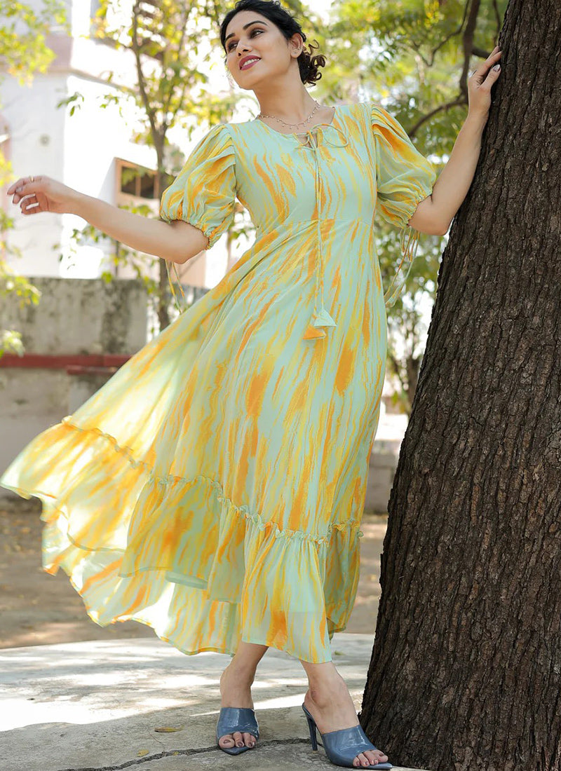 Lemon Yellow Georgette Floral Printed Party Wear Maxi Dress