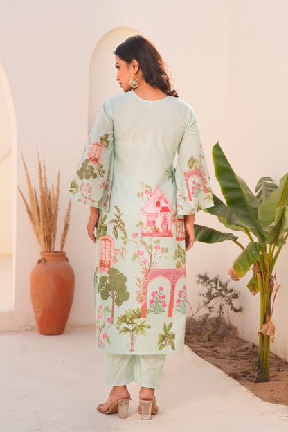 Printed Cotton Kurta & Pant - Hand Embroidered - Set of 2 - Mint Green
