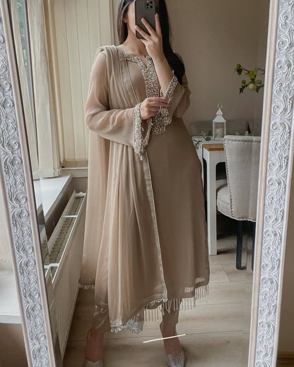Designer Faux Georgette Suit with Real Moti Handwork