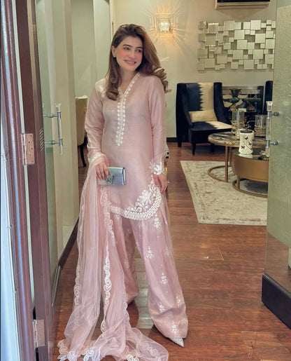Designer Blush Pink Embroidered Farshi Pant Suit Set in Crepe Silk