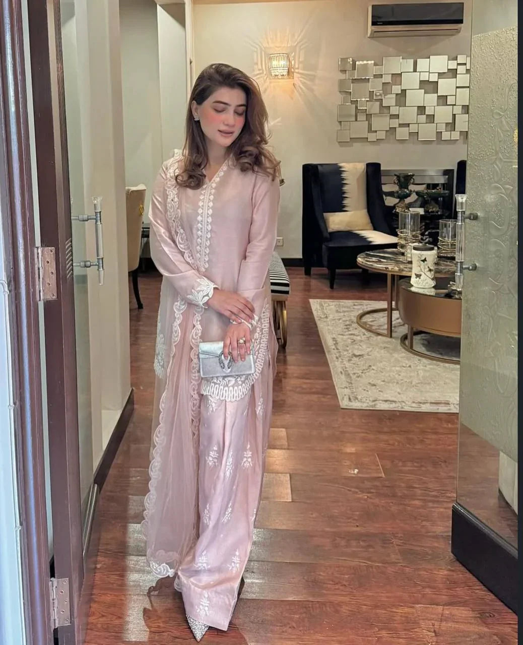 Designer Blush Pink Embroidered Farshi Pant Suit Set in Crepe Silk