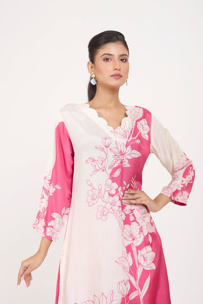 Printed Kurta & Pant - Hand Embroidered - Set of 2 - Ombre Pink - Muslin Silk