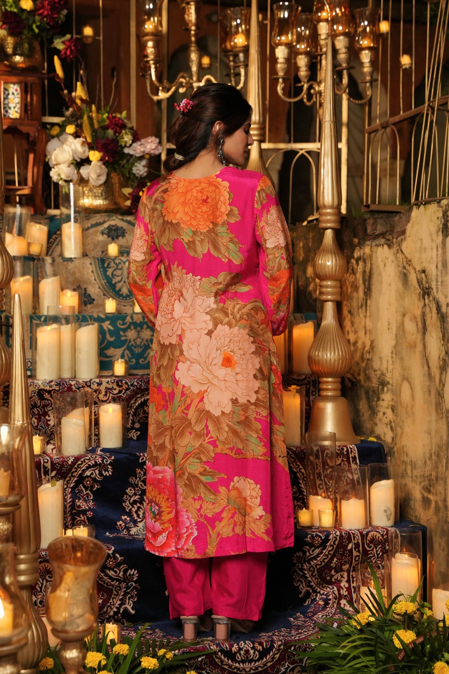 Floral Printed Kurta & Pant - Hand Embroidered - Set of 2 - Pink - Muslin Silk