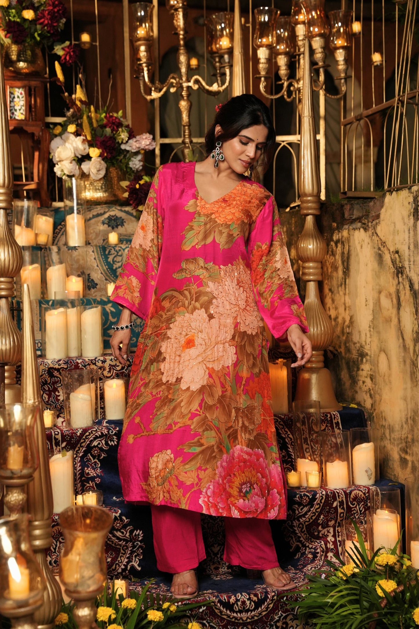 Floral Printed Kurta & Pant - Hand Embroidered - Set of 2 - Pink - Muslin Silk