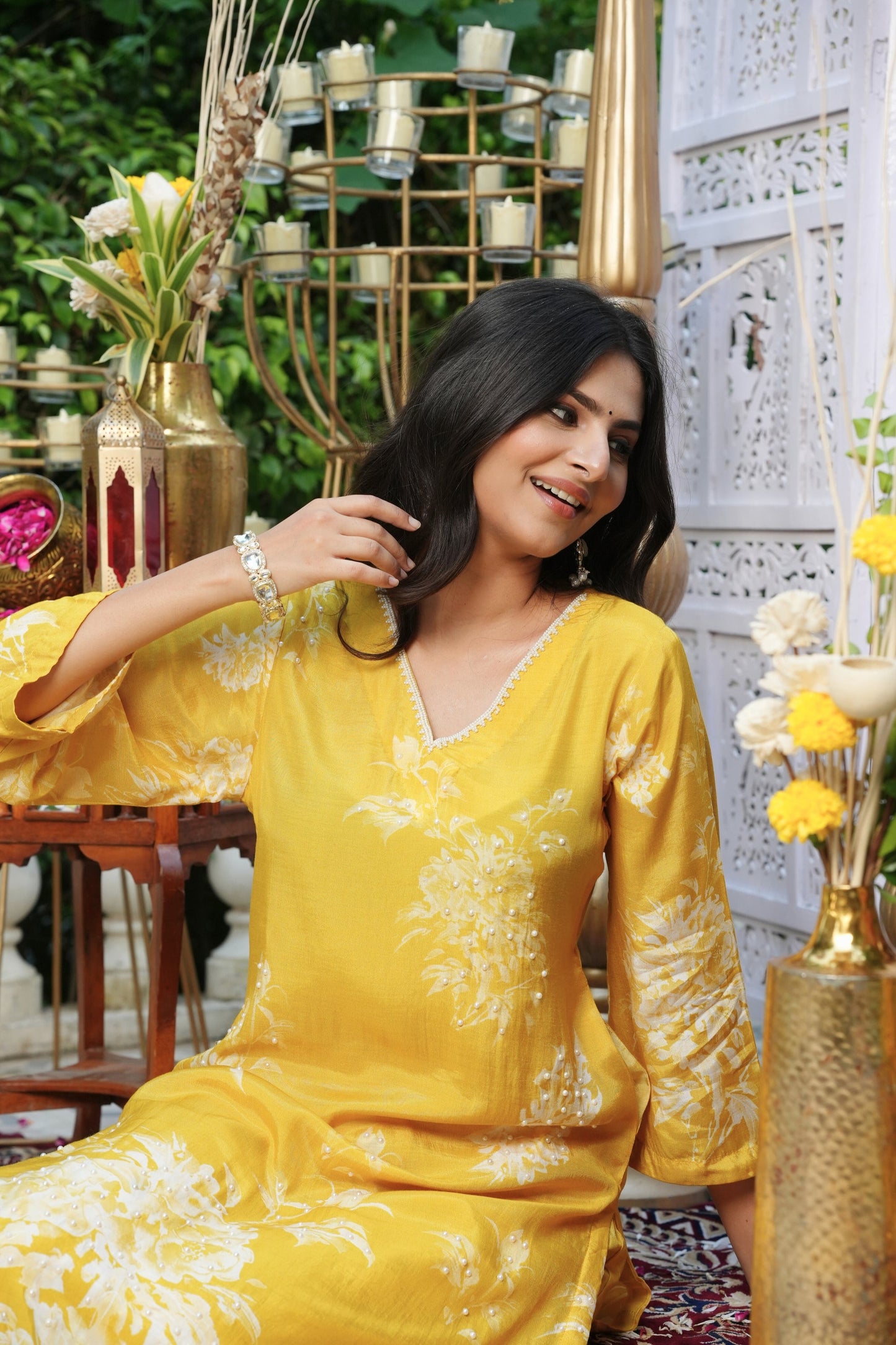 Floral Printed Kurta & Pant - Hand Embroidered - Set of 2 - Yellow