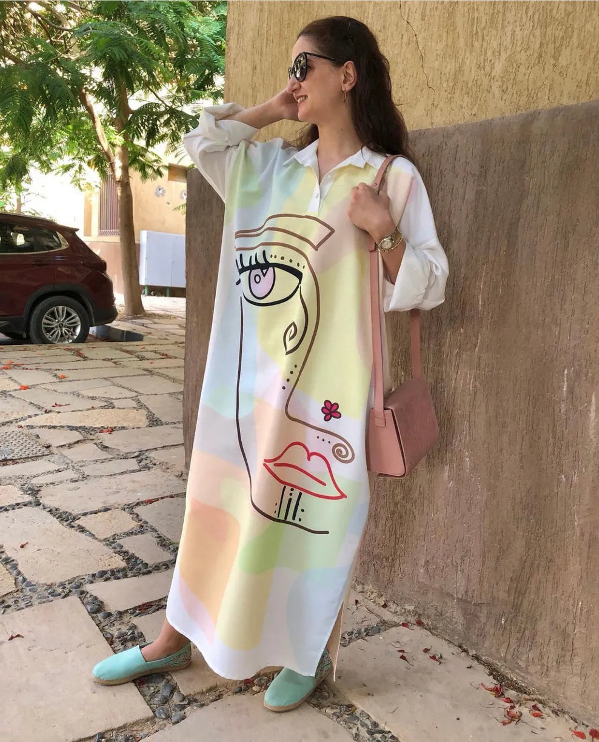 White Linen Cotton Artistic Abstract Face Shirt Dress For Women