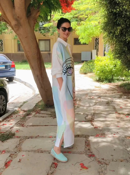 White Linen Cotton Artistic Abstract Face Shirt Dress For Women