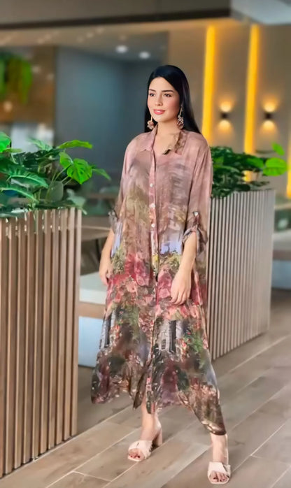 Botanical-Inspired Muslin Earthy Hues Printed Dress For Women
