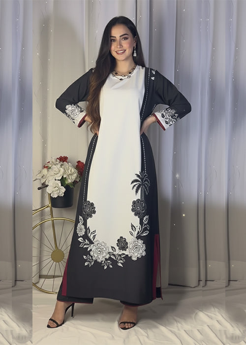 Elegant Black and White Contrast Abaya Dress with Floral and Palm Print U40