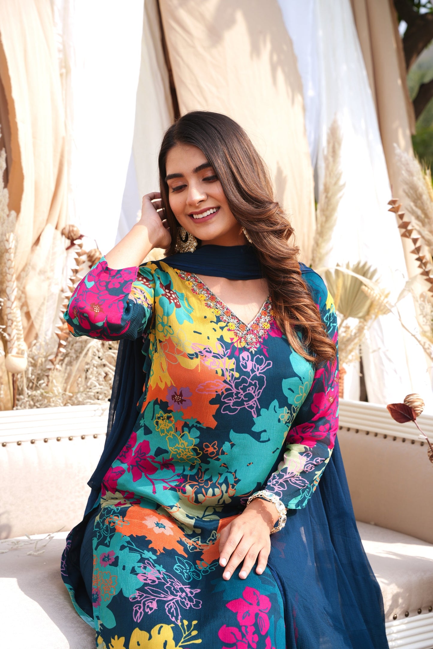 WOMEN'S FLORAL PRINTED - HAND EMBROIDERED - STRAIGHT KURTA, PANT SET OF 3 - BLUE