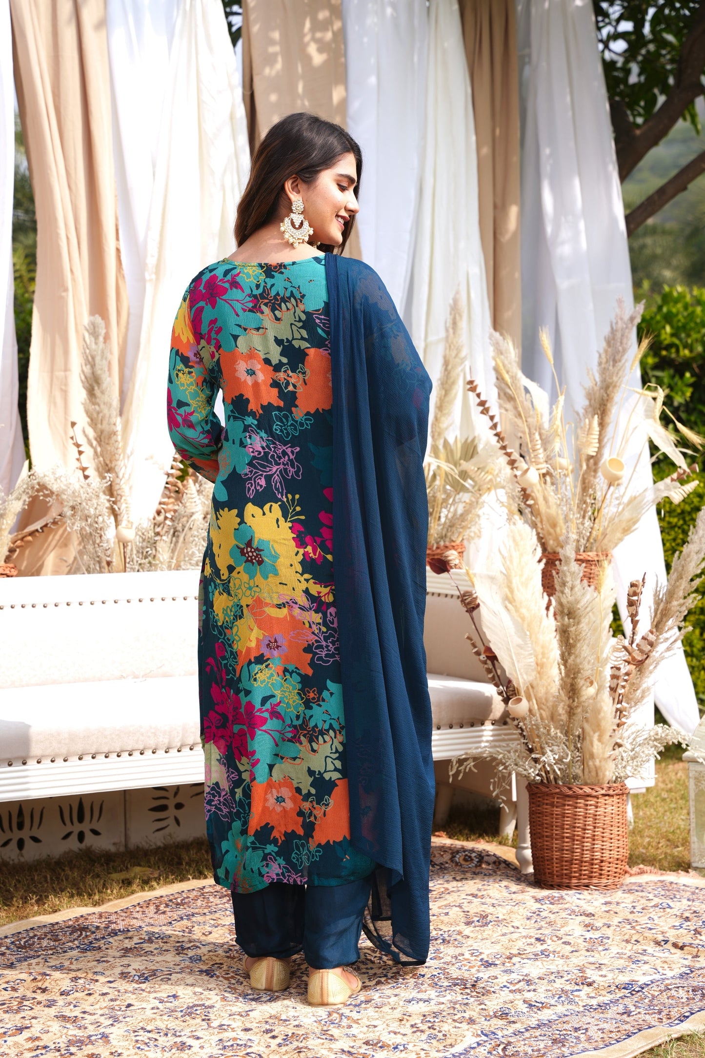 WOMEN'S FLORAL PRINTED - HAND EMBROIDERED - STRAIGHT KURTA, PANT SET OF 3 - BLUE