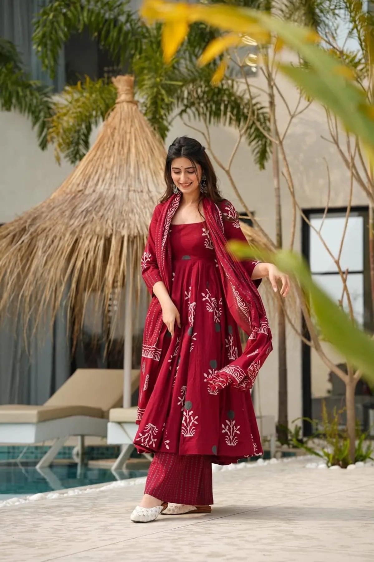 Maroon Handblock Anarkali Set