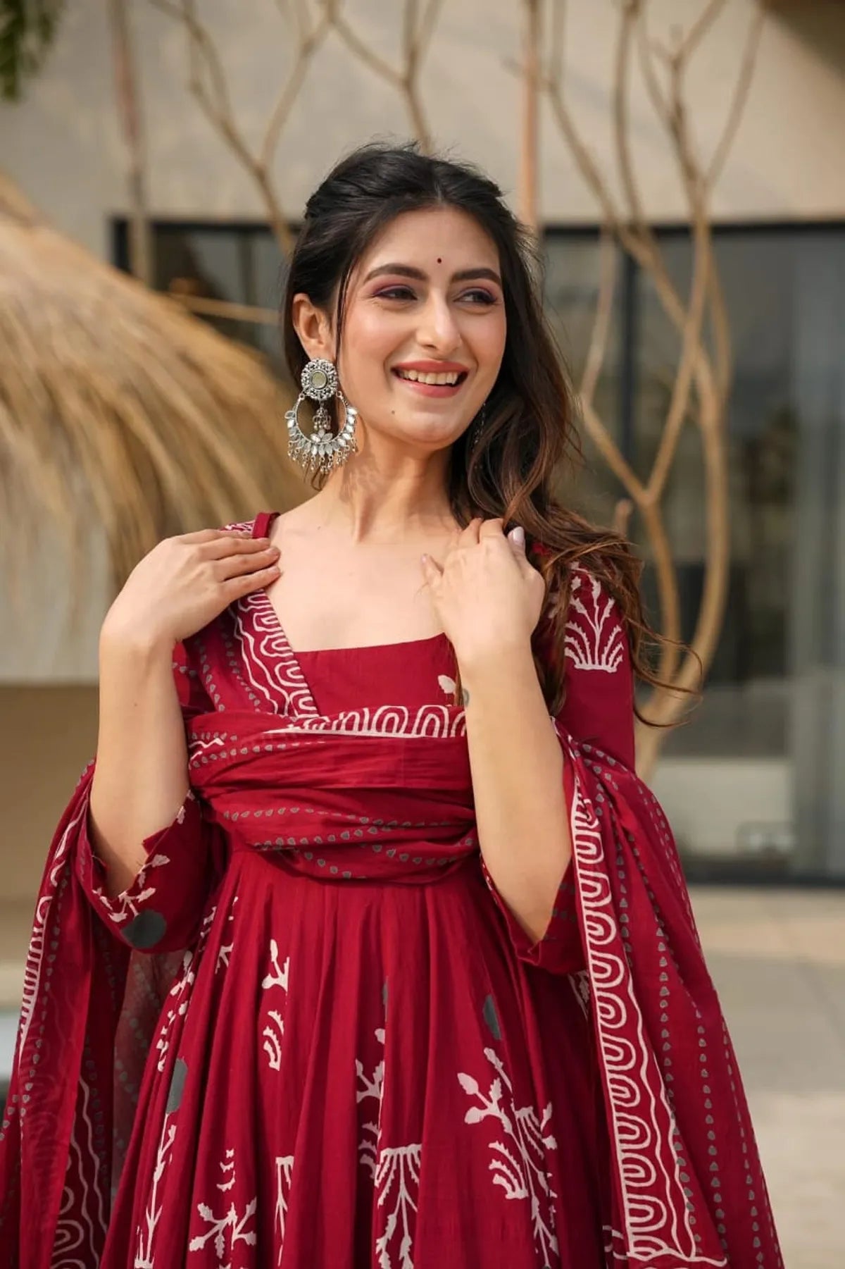 Maroon Handblock Anarkali Set