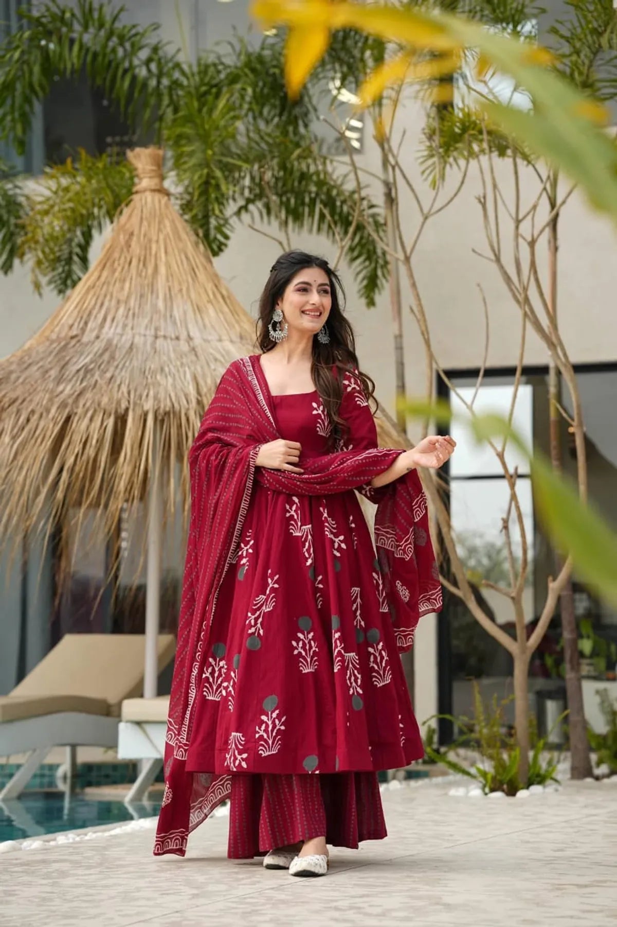 Maroon Handblock Anarkali Set