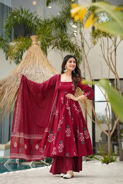Maroon Handblock Anarkali Set