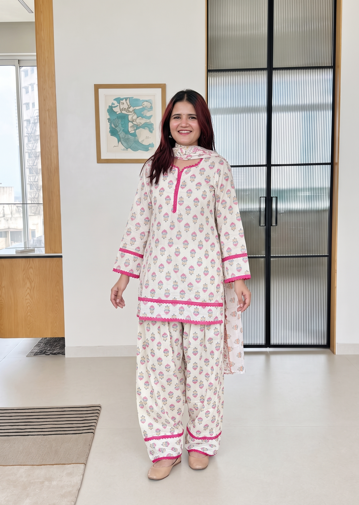 Women's Cotton Printed Kurta Palazzo Suit Set with Soft Mul Cotton Dupatta D6362
