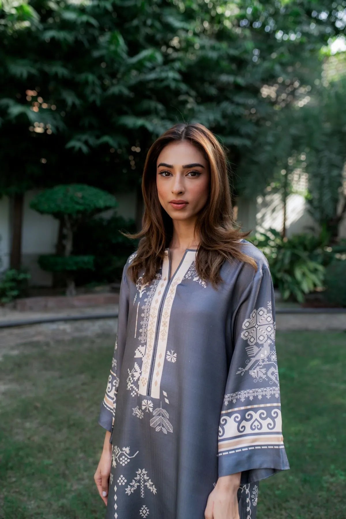 Charcoal Grey Smooth Bsy Ethnic Motifs Printed Kurta Set For Women