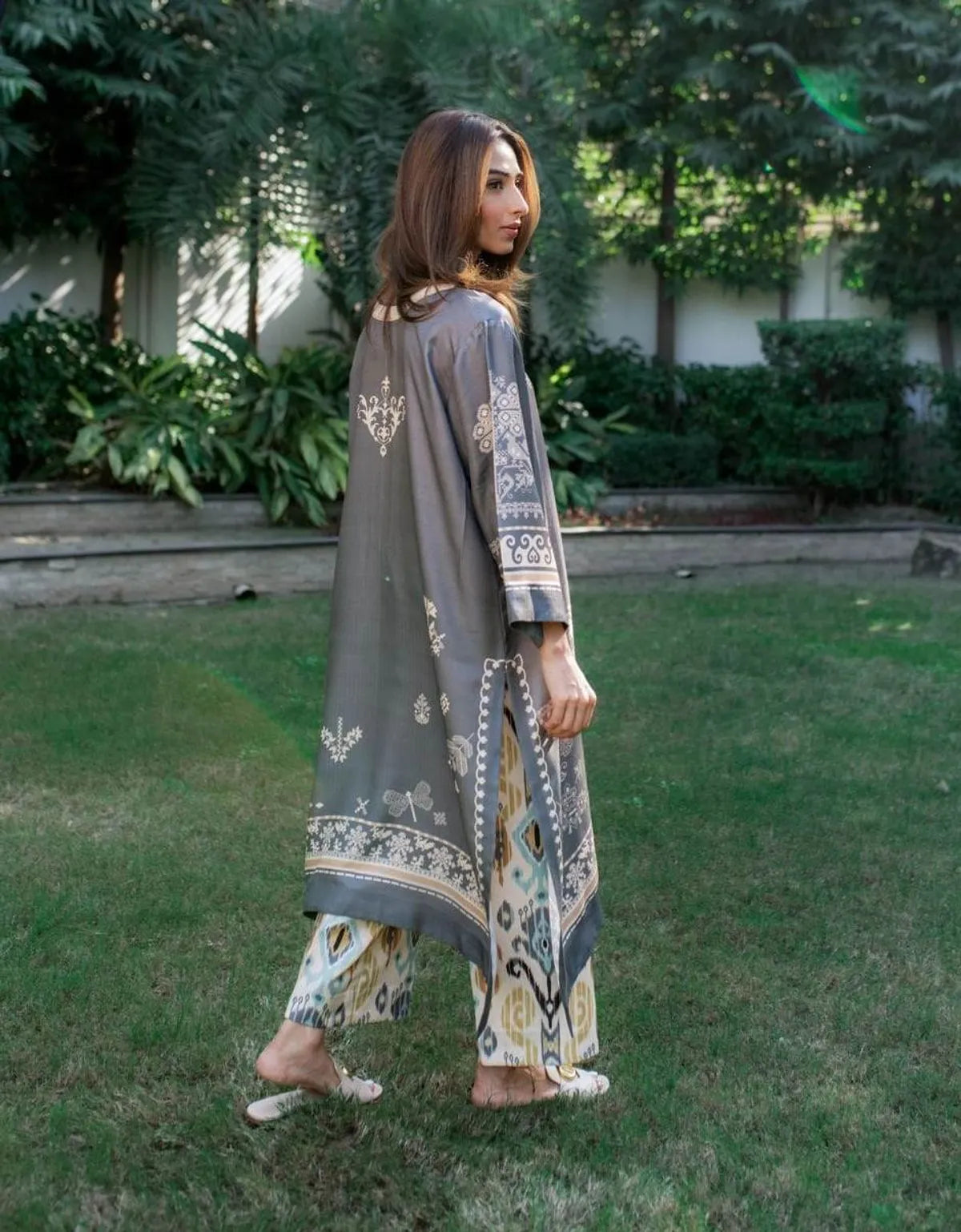Charcoal Grey Smooth Bsy Ethnic Motifs Printed Kurta Set For Women