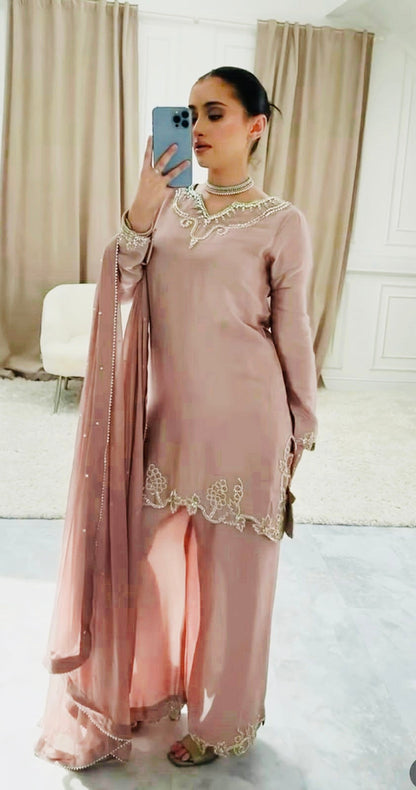 Designer Party Wear Crepe Silk Top with Farshi Salwar & Dupatta